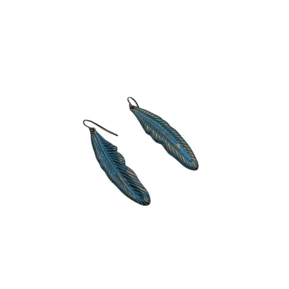 Blue Hand-Painted Brass Feather Earrings - Picture 7 of 8